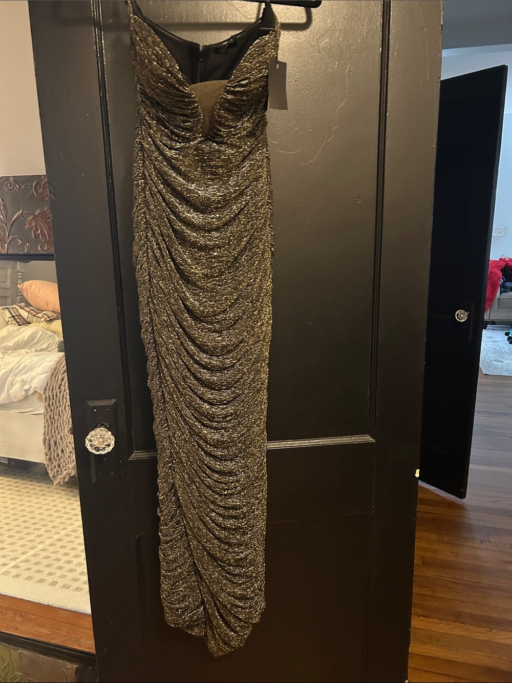 JLUXLABEL Metallic Gold Ruched Strapless Gown